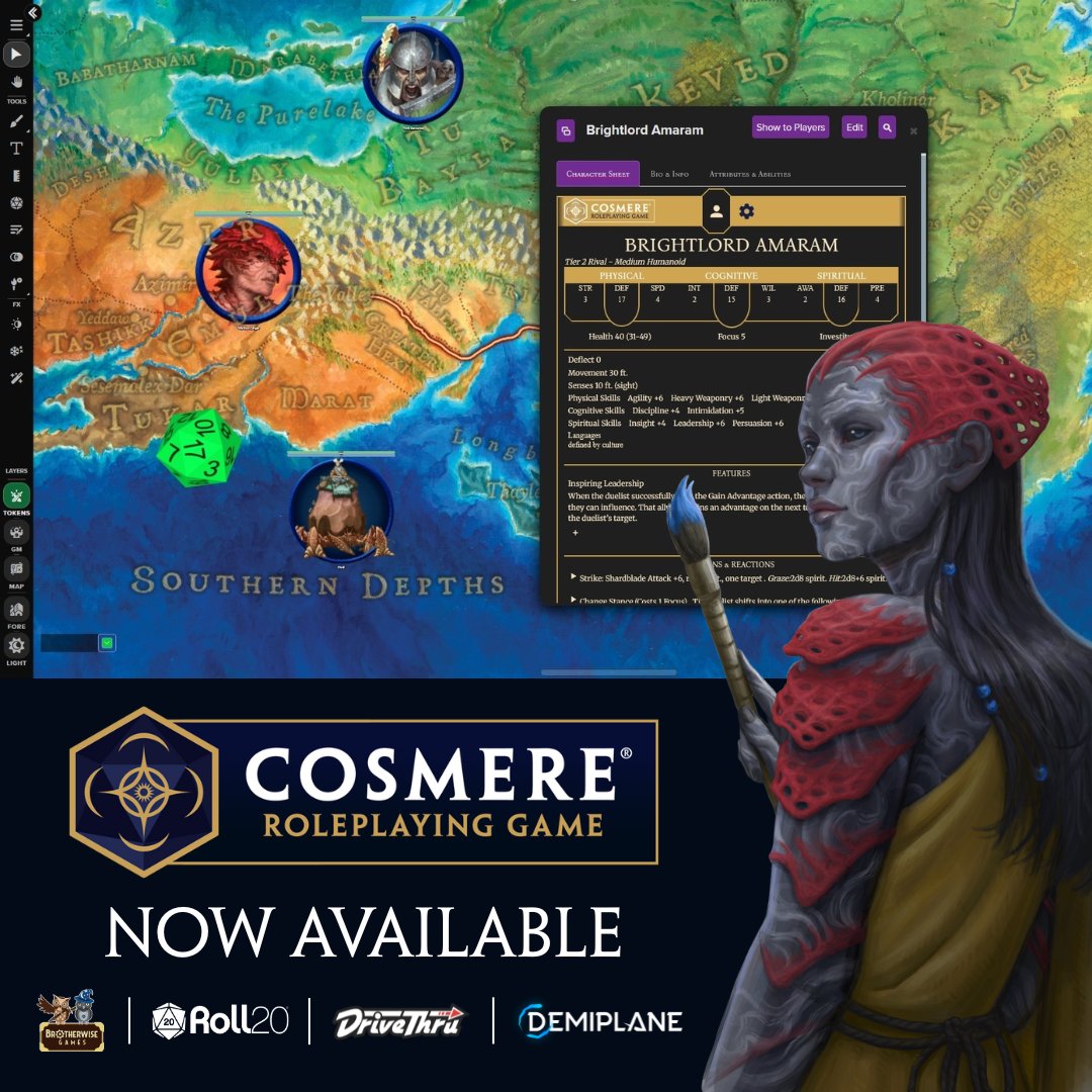 roll20app's tweet image. The Cosmere® RPG storms Roll20!
Gather your friends and venture across Roshar with the Stormlight™ Handbook, World Guide & more from @bwisegames!
✅ Build characters easily
✅ Read rulebooks anywhere
✅ Run ready-to-play adventures
Play now: hubs.li/Q03yjNr00