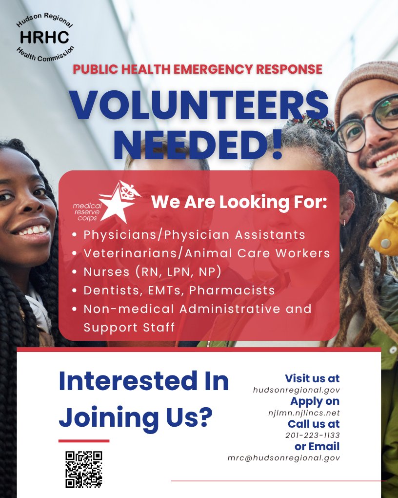 Hudson Regional Health Commission (@hudsonreghealth) on Twitter photo Looking for volunteer opportunities?
HRHC's Medical Reserve Corps (MRC) continuously looks for volunteers to help in the event of a public health emergency or disaster.
Email mrc@hudsonregional.gov to join! Looking for volunteer opportunities?
HRHC's Medical Reserve Corps (MRC) continuously looks for volunteers to help in the event of a public health emergency or disaster.
Email mrc@hudsonregional.gov to join!