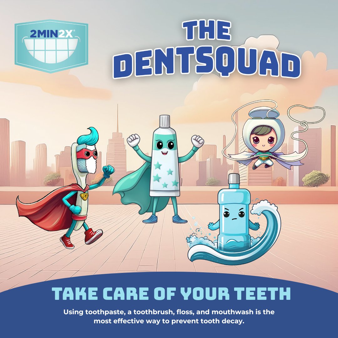 Message from the Dent Squad!

Take care of your teeth (you only have 32)! Using toothpaste, a toothbrush, floss, and mouth wash twice a day are the most effective ways to prevent tooth decay! #2min2x #smiles #cleanteeth #DentSquad