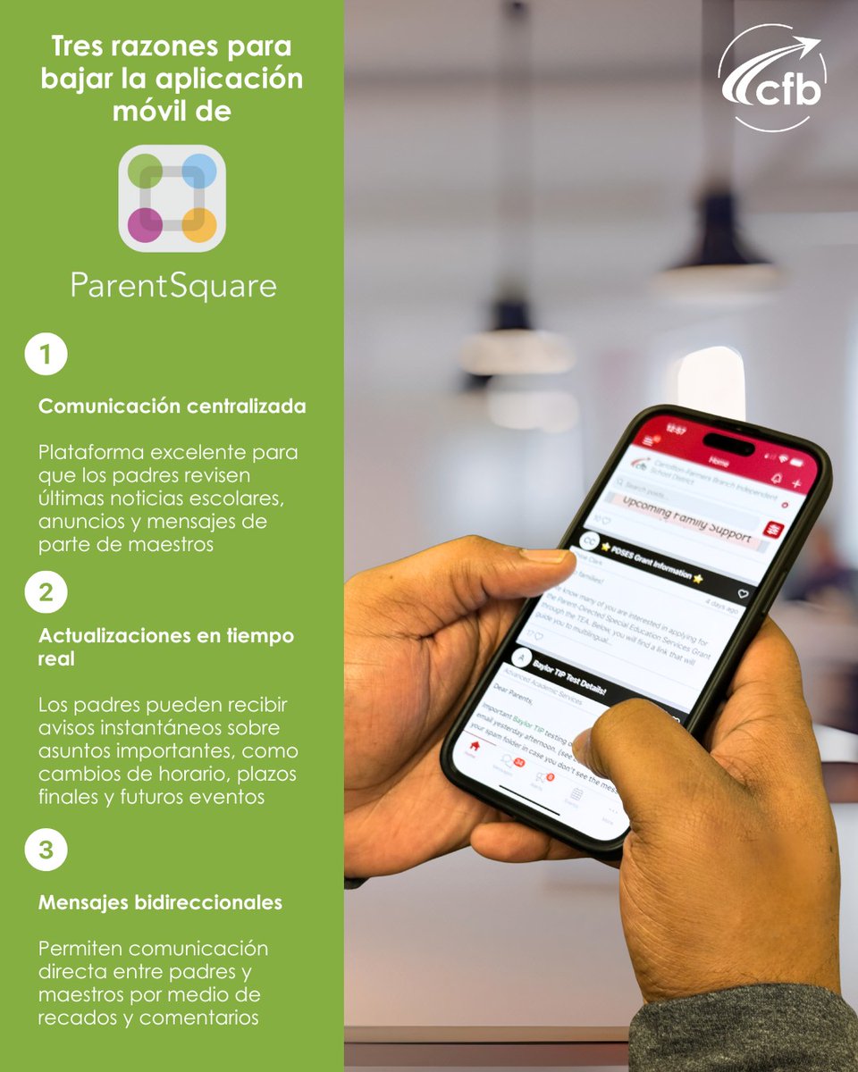 CFBISD's tweet image. Hey, CFBISD parents! Have you downloaded the ParentSquare mobile app? 📲 Here are 3 reasons why having the app is beneficial for communication regarding your student.
✅️ Centralized Communication — A singular platform for parents to check school updates, announcements, and…