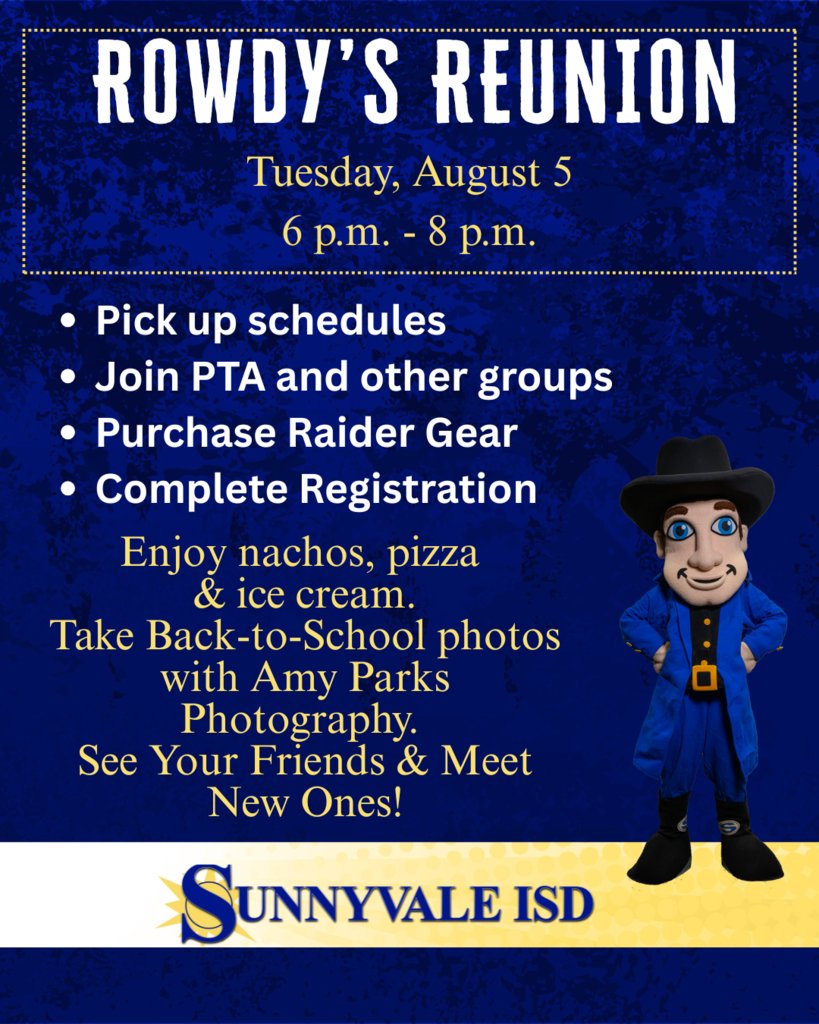 🎉August 5 - Rowdy’s Reunion! Join us for 🍕 food, 🛒 new Raider gear, 📸 pro photos, ✅ schedule pick-up &amp; parent forms, 🙌 meet parent groups! SES/SIS students: find your teacher 5–6pm (forms required).  Visit SES &amp; SIS a5 -6p.m. SHS doors open at 6pm. Let’s go, Raiders! 💙💛