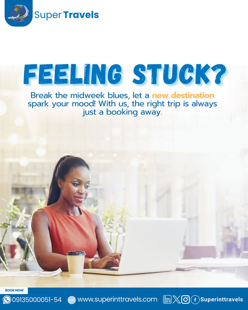 SuperIntTravels's tweet image. Midweek blues?
Let a new destination change your mood.
Book with Super Travels. we’ve got you.

#ExploreMore #DreamDiscoverTravel
#BreakTheRoutine #MidweekMotivation #WhereToNext