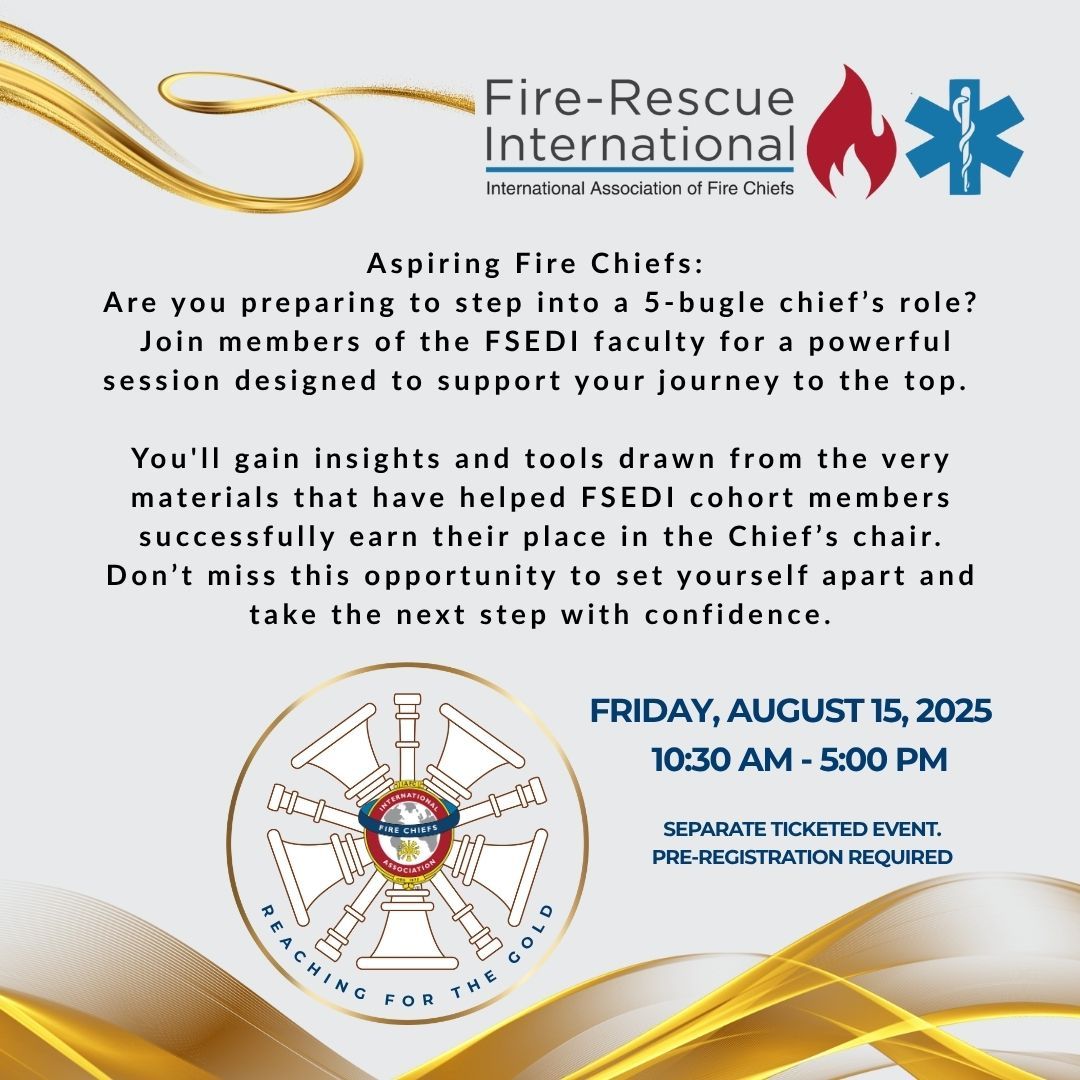 IAFC's tweet image. Don't miss this dynamic session. Reaching for the Gold is a separate ticketed event, preregistration required. Already Registered? View or modify your existing registration. Click here to register - buff.ly/QGJ1TWa