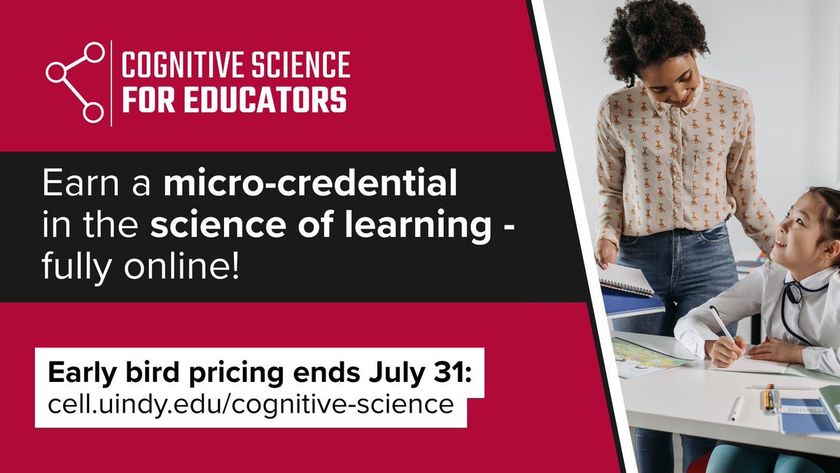CELLuindy's tweet image. 🚨 Early bird pricing ends July 31 for CELL&apos;s new #microcredential in the science of learning! This fall, debunk #learning myths and unpack strategies that really work, then apply them in your classroom.

🔗 cell.uindy.edu/cognitive-scie…
