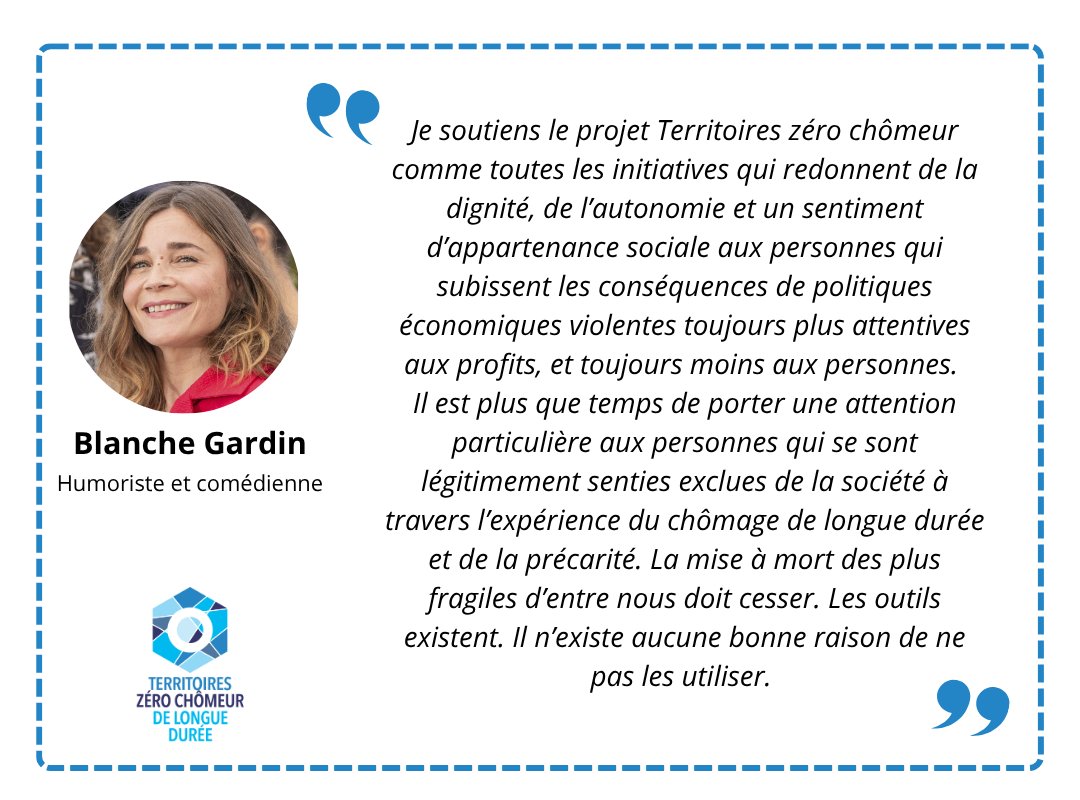 Toutes et tous mobilisé·es en faveur du droit à l'emploi ! 💪
L'humoriste et comédienne Blanche Gardin soutient le projet #TZCLD et la proposition de loi le pérennisant, pour laquelle les débats reprendront à la rentrée à l'Assemblée nationale 🤩