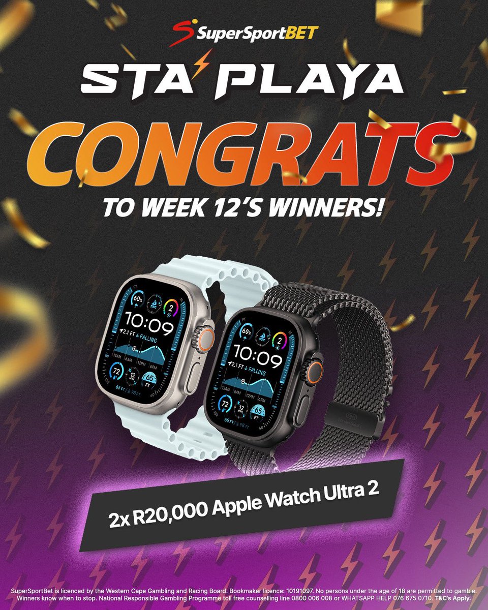 SuperSportBETza's tweet image. Congratulations to our #StaPlaya’s of the week 🤩
Y’all just secured the ultimate flex, the Apple Watch Ultra 2 worth R20K each! 🥵
You played hard, now it’s time to rock that wrist in style ⌚
#ForTheFans