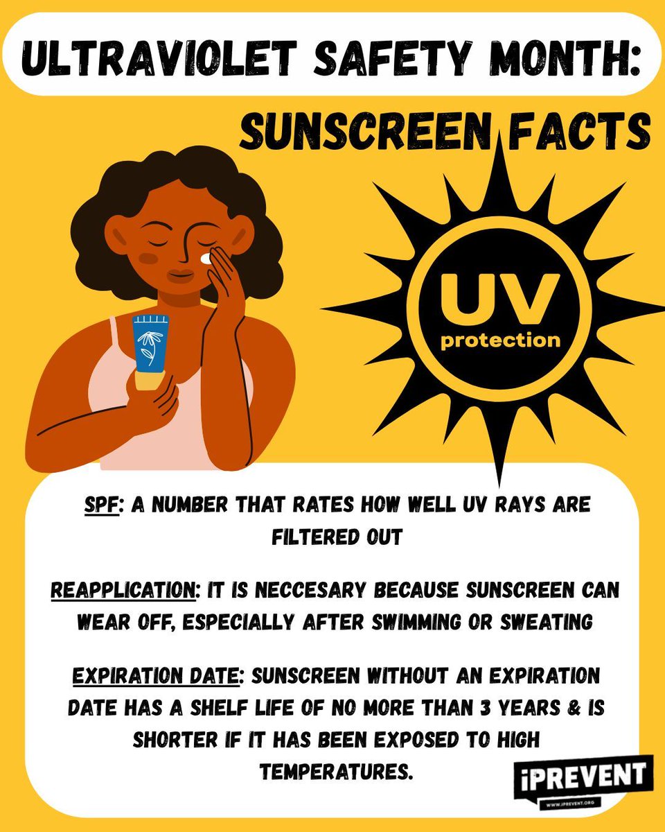 iPrevent_OHL's tweet image. Hello iPrevent Family! ☀️
Use broad spectrum sunscreen (SPF 15+), reapply every 2 hrs, and toss if expired or heat-damaged!
More sun safety tips: cdc.gov/skin-cancer/su…
#iPrevent #SunSafety #SunscreenTips
