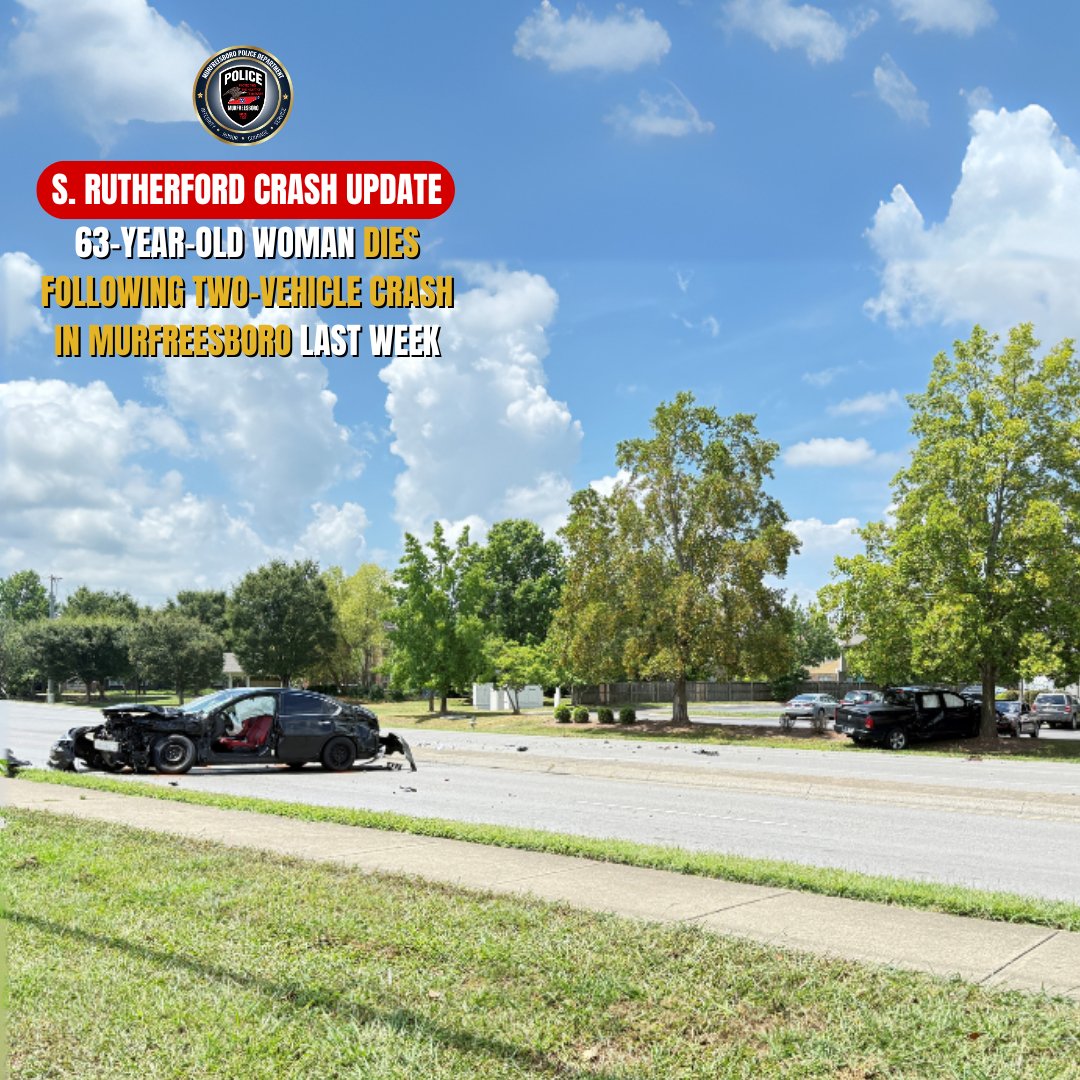 A woman injured in a crash last Fri. on S. Rutherford Blvd. has died. Belinda Talley, 63, died Mon. (July 21) from injuries she sustained in the crash. Talley failed to yield the right of way, according to the preliminary investigation. A 17-year-old driver treated and released.