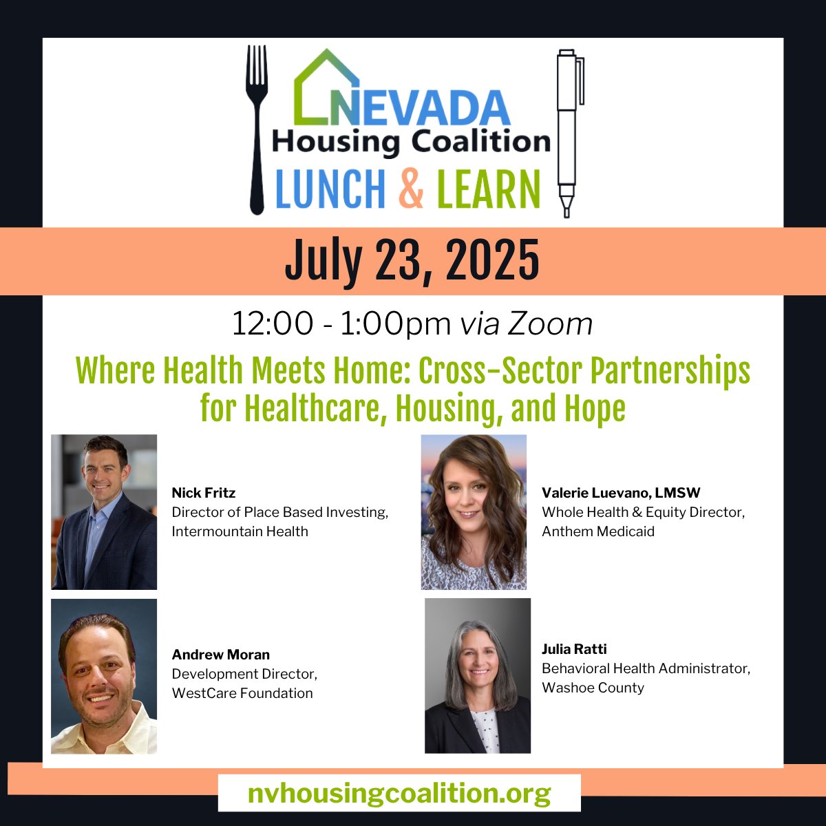 Nevada Housing Coalition (@housingnevada) on Twitter photo TODAY at NOON is our July Lunch & Learn on Housing & Healthcare. Our panelists will discuss partnerships and housing as a healthcare intervention. @intermountain @westcarenevada <a href="/washoecounty/">Washoe County</a> Register now: members.nvhousingcoalition.org/ap/Events/Regi⦠TODAY at NOON is our July Lunch & Learn on Housing & Healthcare. Our panelists will discuss partnerships and housing as a healthcare intervention. @intermountain @westcarenevada <a href="/washoecounty/">Washoe County</a> Register now: members.nvhousingcoalition.org/ap/Events/Regiā¦