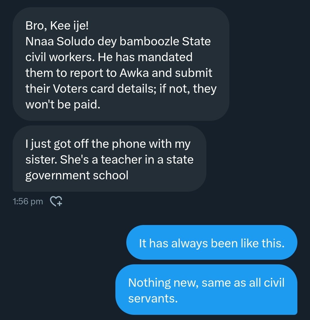 OgbajiIfeanyi's tweet image. From my dm..
"Allegedly", the government of @CCSoludo is mandating all civil servants and everyone under the employment of ANSG to submit their voters card.
Soludo na ịdị anyị mma, mbo mbooooooo..