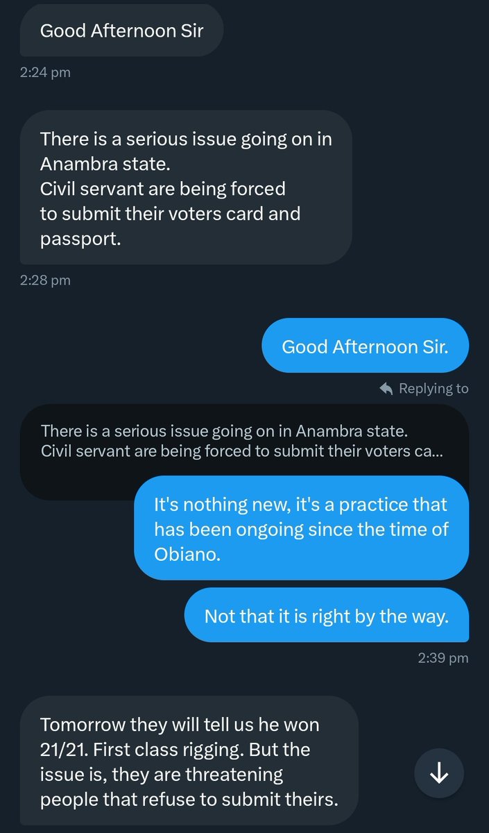 OgbajiIfeanyi's tweet image. From my dm..
"Allegedly", the government of @CCSoludo is mandating all civil servants and everyone under the employment of ANSG to submit their voters card.
Soludo na ịdị anyị mma, mbo mbooooooo..