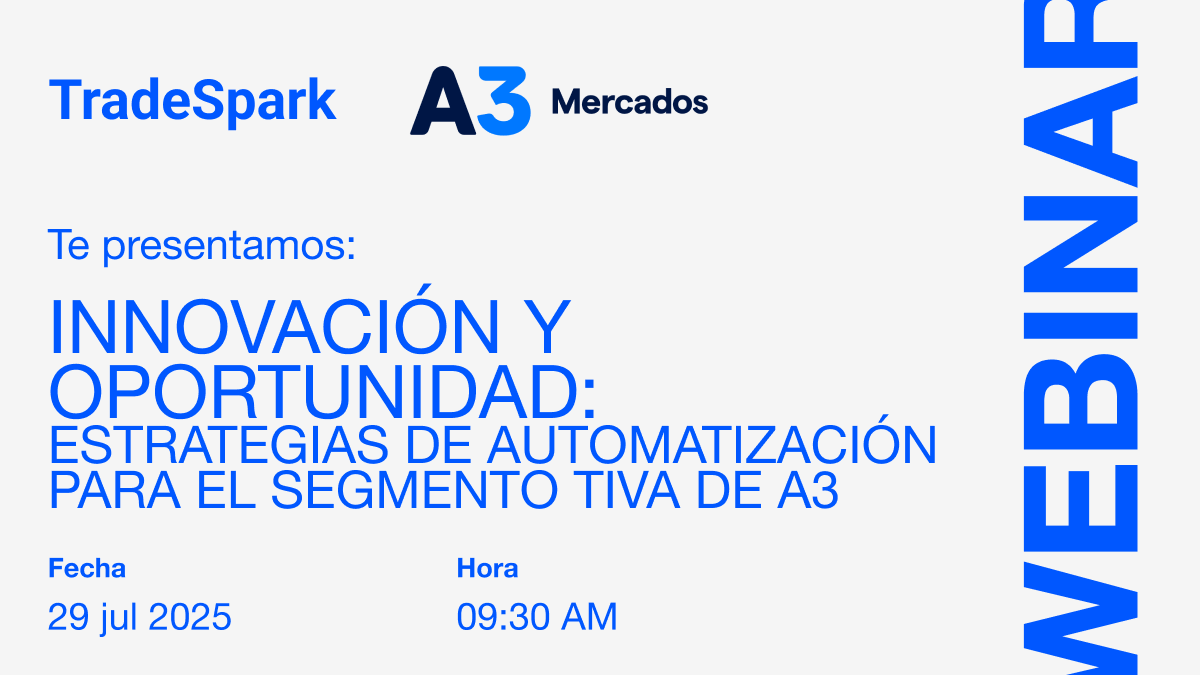 ATradeSpark's tweet photo. ¿Cómo automatizar tu operatoria en TIVA desde el día uno?
📌 Webinar: Innovación y Oportunidad. Estrategias de automatización para el segmento TIVA de A3.

Participan:
• Jose Luis Onis – Subgerente General, Primary S.A.
• Gonzalo Gallego – Líder de Producto, A3
• Juan Ignacio Bais – CEO, TradeSpark
• Facundo Ezequiel Konaszuk – Account Manager, TradeSpark
• Benjamin Figeiredo – IT Project Manager, TradeSpark

¡Te esperamos! Reservá tu lugar: https://t.co/zr29kIHyNR