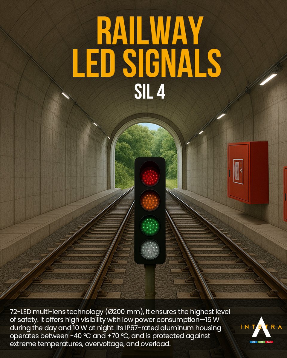 intetraas's tweet image. Reliable LED signal systems designed for maximum safety and performance in all rail conditions. 
#RailwaySignals #LEDTechnology #RailSafety #SIL4 #SmartSignaling #IP67Rated #LowPowerHighVisibility #RailwayInnovation #INTETRA
