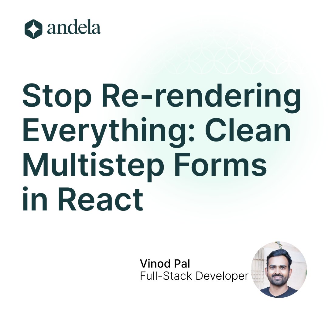 Andela's tweet image. No heavy libraries, just React hooks. This tutorial by Vinod Pal provides a simple, practical way to handle multistep forms. It keeps logic local, prevents extra re-renders and stays flexible for real-world forms: thisisande.la/4o2SBPL

#React #MultistepForms #TechSkills