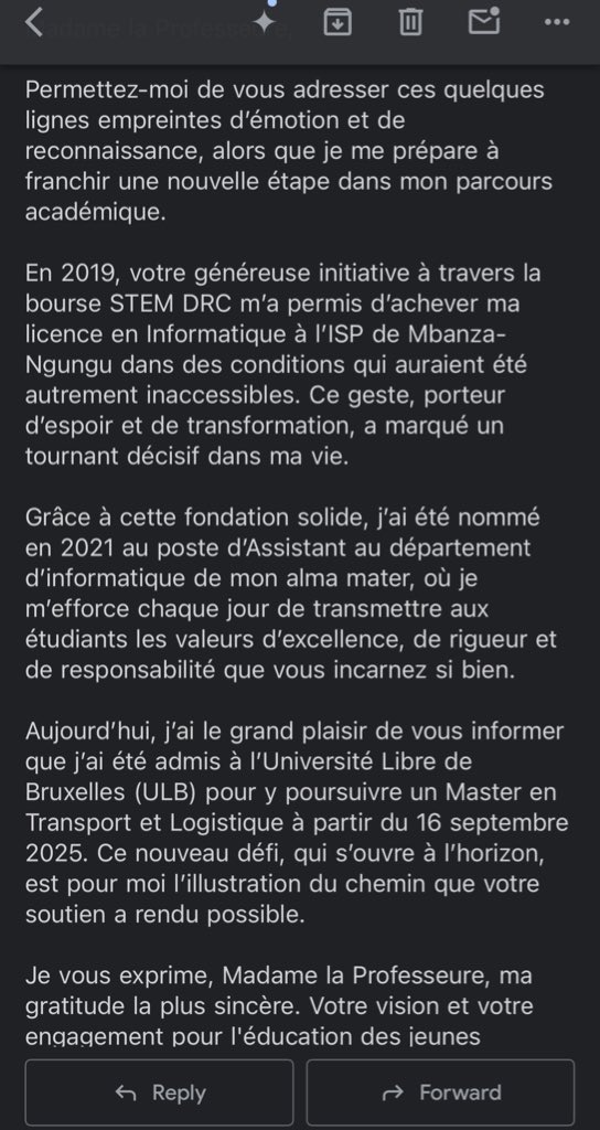 stemdrc's tweet image. Une immense fierté pour STEM DRC : l’un de nos anciens boursiers vient d’être admis en Master à l’Université Libre de Bruxelles après avoir servi comme assistant à l’ISP Mbanza-Ngungu. Ceci est une preuve vivante que l’espoir, soutenu par l’éducation, transforme des vies.
#STEM