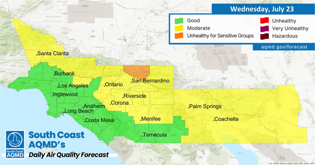 SouthCoastAQMD's tweet image. Air Quality Forecast (Wednesday, July 23rd): aqmd.gov/forecast
🏖 Coastal: Good
🏙 LA: Good -to- Moderate
🌅 OC: Good
🌄 Inland Empire: Good -to- Unhealthy for Sensitive Groups
🌴 Coachella Valley: Moderate
View our Real Time #AQI Map: aqmd.gov/aqimap