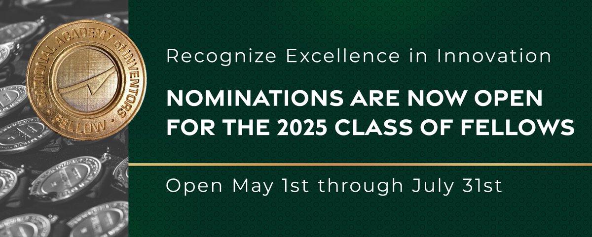 AcadofInventors's tweet image. Nominations are open for the 2025 Class of NAI Fellows!
Do you know an inventor whose work is shaping the future? Nominate them for the highest professional distinction awarded exclusively to innovators.
NAI Fellows are recognized for:
• Pioneering patents and licensing
•…
