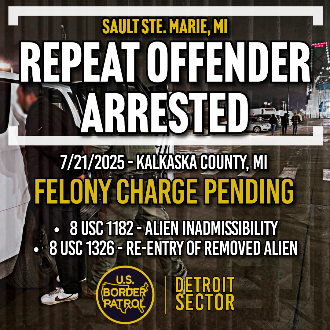 USBPChiefDTM's tweet image. On Monday, Sault Ste. Marie agents arrested an illegal alien from Mexico in partnership local law enforcement. He is facing state felony drug charges as well as federal felony re-entry immigration charges and will be processed for removal from the United States.

#BorderPatrol…