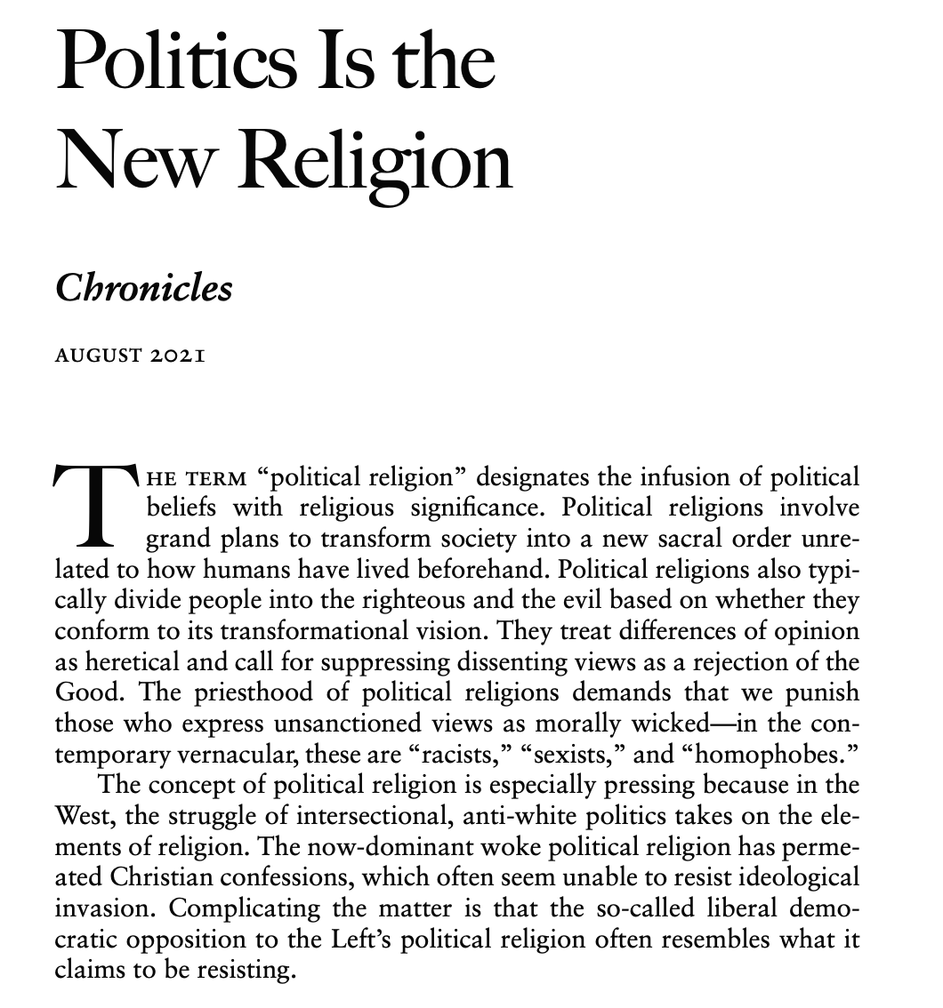 PassagePress's tweet photo. From The Essential Paul Gottfried:

The erosion of American Identity has accelerated rapidly with the ascendency of the left as "the struggle of intersectional, anti-white politics takes on the elements of religion."

"Ideologies of the Left, like communism and wokeism, recycle Christian elements, which even in their mangled or denatured state are still recognizable in terms of their point of origin."

Attacks from the left on the American identity take place at each level - racial, ethnic, religious, cultural, and credal.