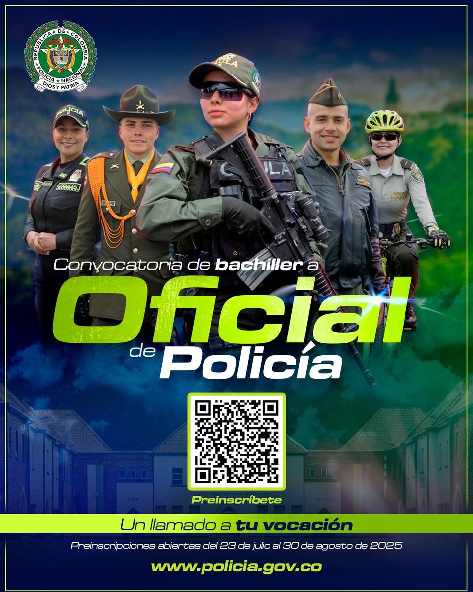 ¡Su vocación de servicio puede convertirse en realidad! 

Si tiene el compromiso, el valor y el deseo de construir un mejor país, llegó el momento para iniciar el camino como oficial de la Policía Nacional 👮‍♂️💚. Haga parte del cambio y contribuya a la seguridad de Colombia.