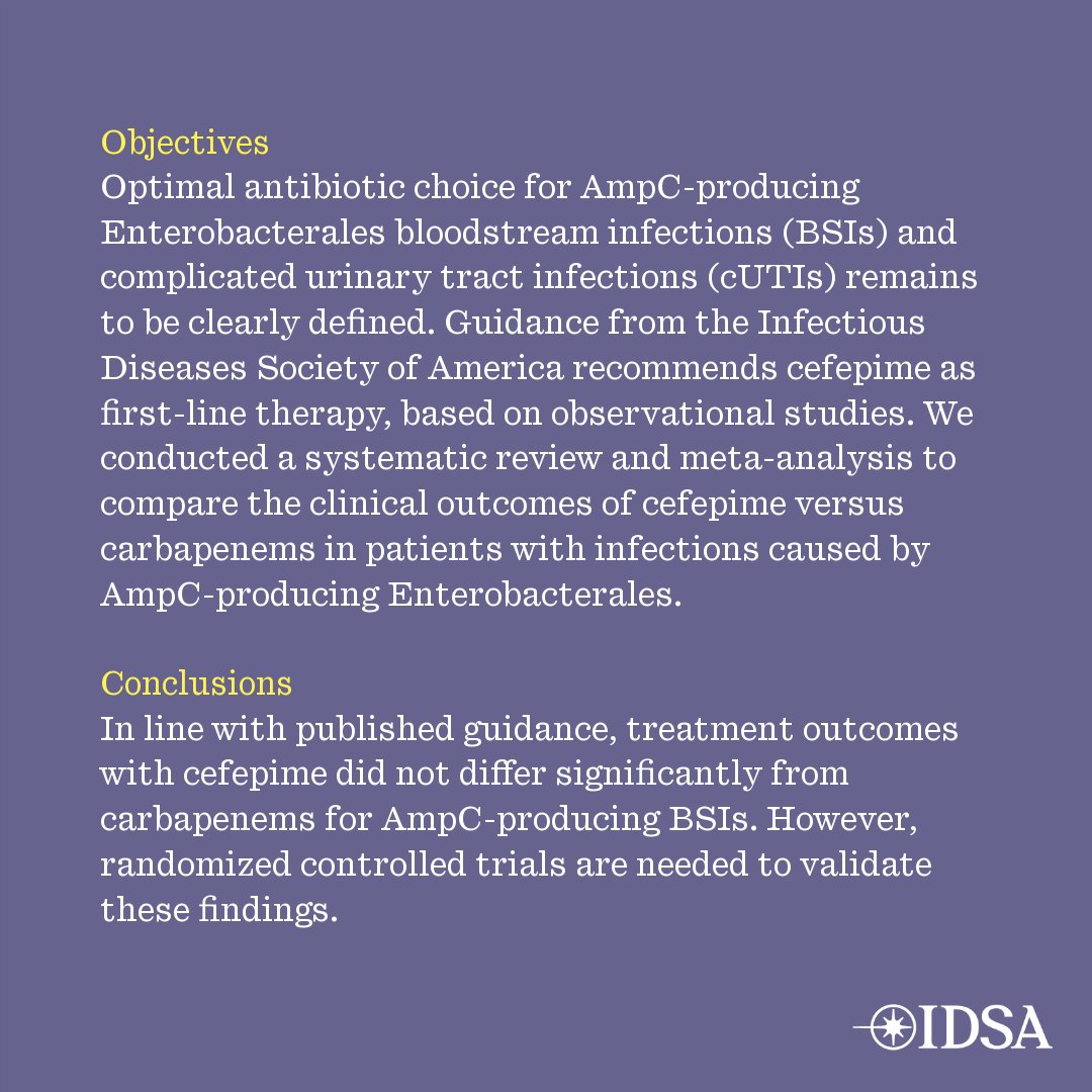 OFIDJournal's tweet image. Cefepime versus Carbapenem Therapy for the Treatment of Invasive Infections with Inducible Chromosomal AmpC-Producing Enterobacterales ? A Systematic Review and Meta-Analysis
โ
Just Accepted
๐ bit.ly/4kNXPMj