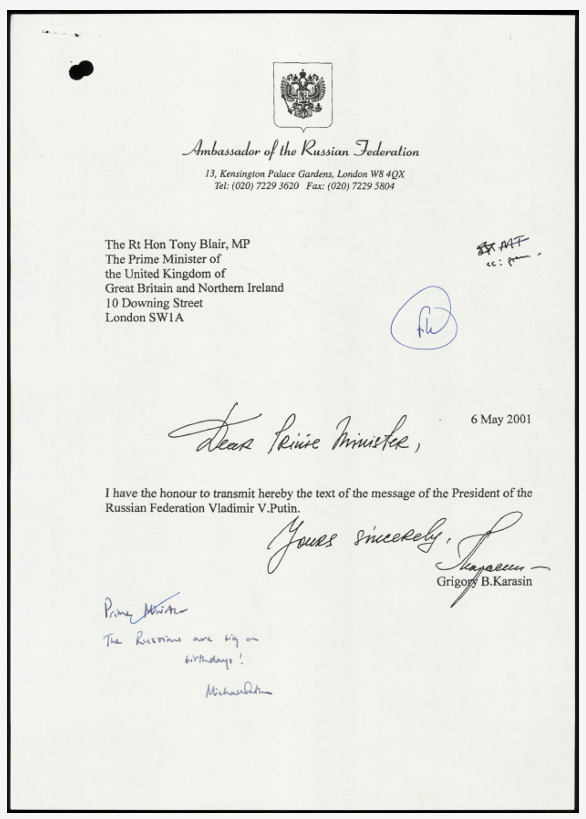 Tony_Diver's tweet image. Fun piece of history from the latest National Archives drop. In 2001 Vladimir Putin wrote a letter to Tony Blair to wish him a happy birthday.
Maybe expecting that he would be surprised, Blair's private secretary added in pen: "Prime Minister, the Russians are big on birthdays!"