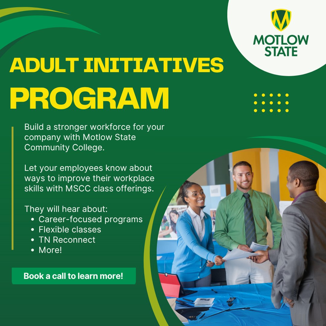 Elevate your team with education! Invite <a href="/MotlowState/">Motlow State Community College</a> to your workplace to discuss flexible classes, TN Reconnect, and career-oriented programs. loom.ly/yxQHLKU #MotlowState #TNReconnect #WorkforceDevelopment