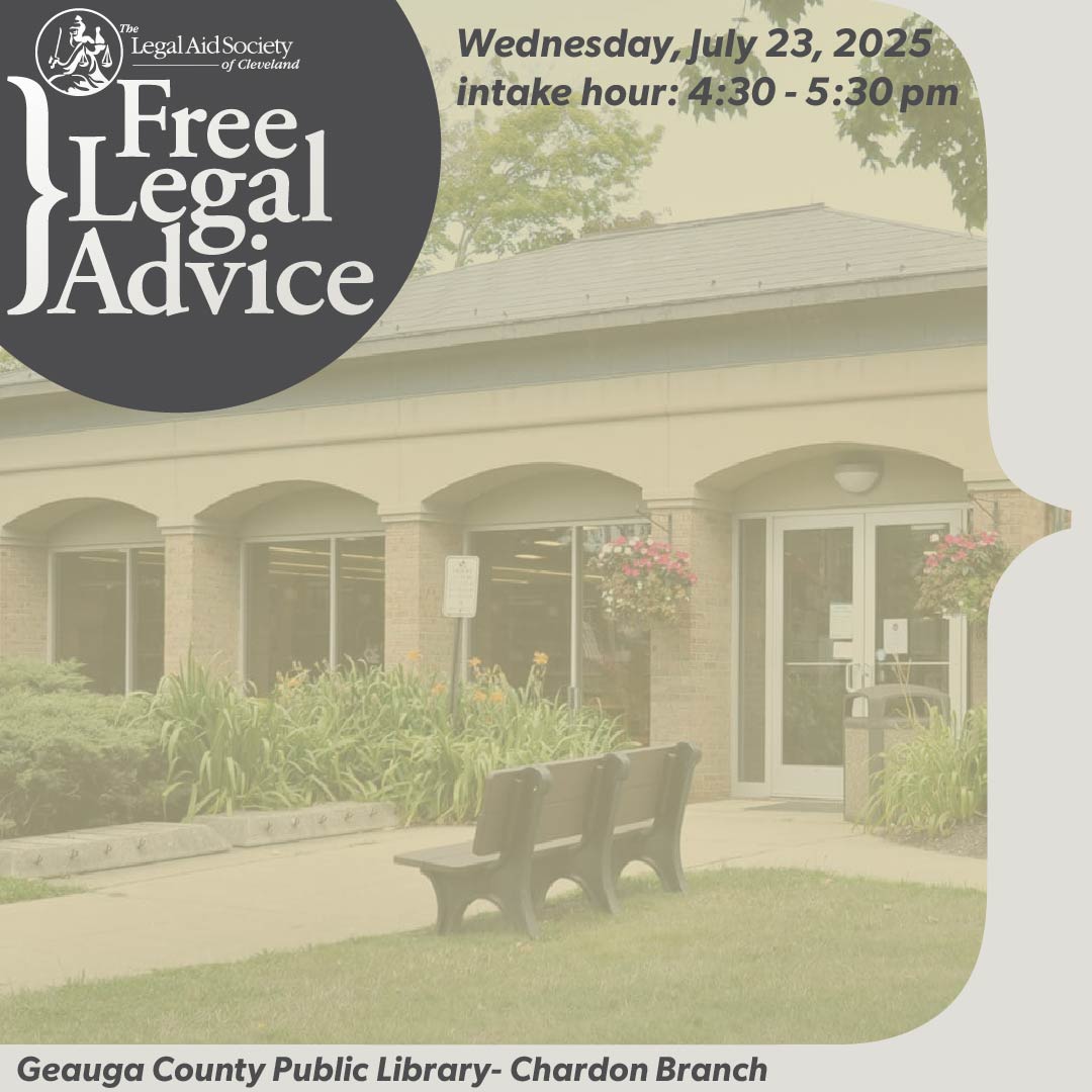 LegalAidCLE's tweet image. TODAY, JULY 23, Legal Aid will be at Geauga County Public Library - Chardon Branch (110 E Park St, Chardon) to offer free advice about civil legal issues. The clinic begins at 4:30 PM. First come, first served. Come see us! loom.ly/jJ0rJXo