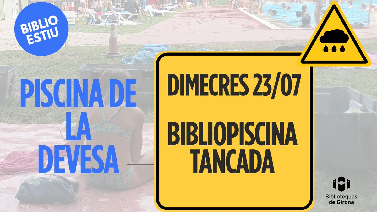 Aquesta tarda, amb l'avís de mal temps, queda interromput el servei de #Bibliopiscina de la Devesa i no obrirà.