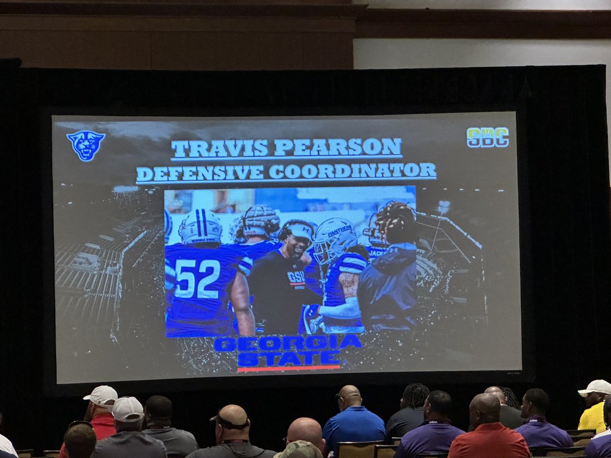 AHSAAUpdates's tweet image. Coach Travis Pearson from @GeorgiaStateFB is speaking now in our Football Coaching School talking about Defense