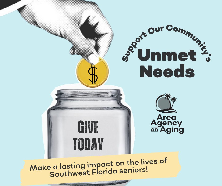 Thousands of older adults &amp; people with disabilities in SWFL face urgent, unmet needs. Your donation helps cover those expenses—when no one else can.  💙 Give today: l8r.it/UYw6  
#SupportSeniors #UnmetNeeds #GiveBackSWFL #AAASWFL