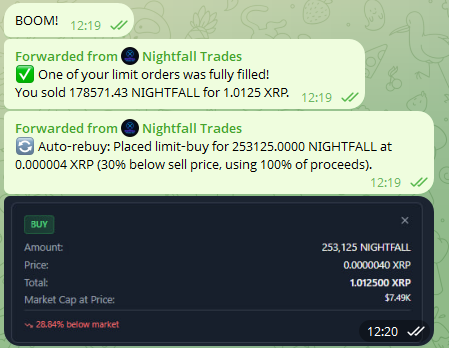 NightfallXRP's tweet photo. Nightfall just got a major update!
Purchase detection has been extended to Limit Buys.  These will now trigger your auto limit sells just like purchases.
But more than that... Now you can set Auto Rebuy's!  Every time a sell order fills, you can set a new buy order!
@NightfallXRP https://t.co/nTE36JMFA4