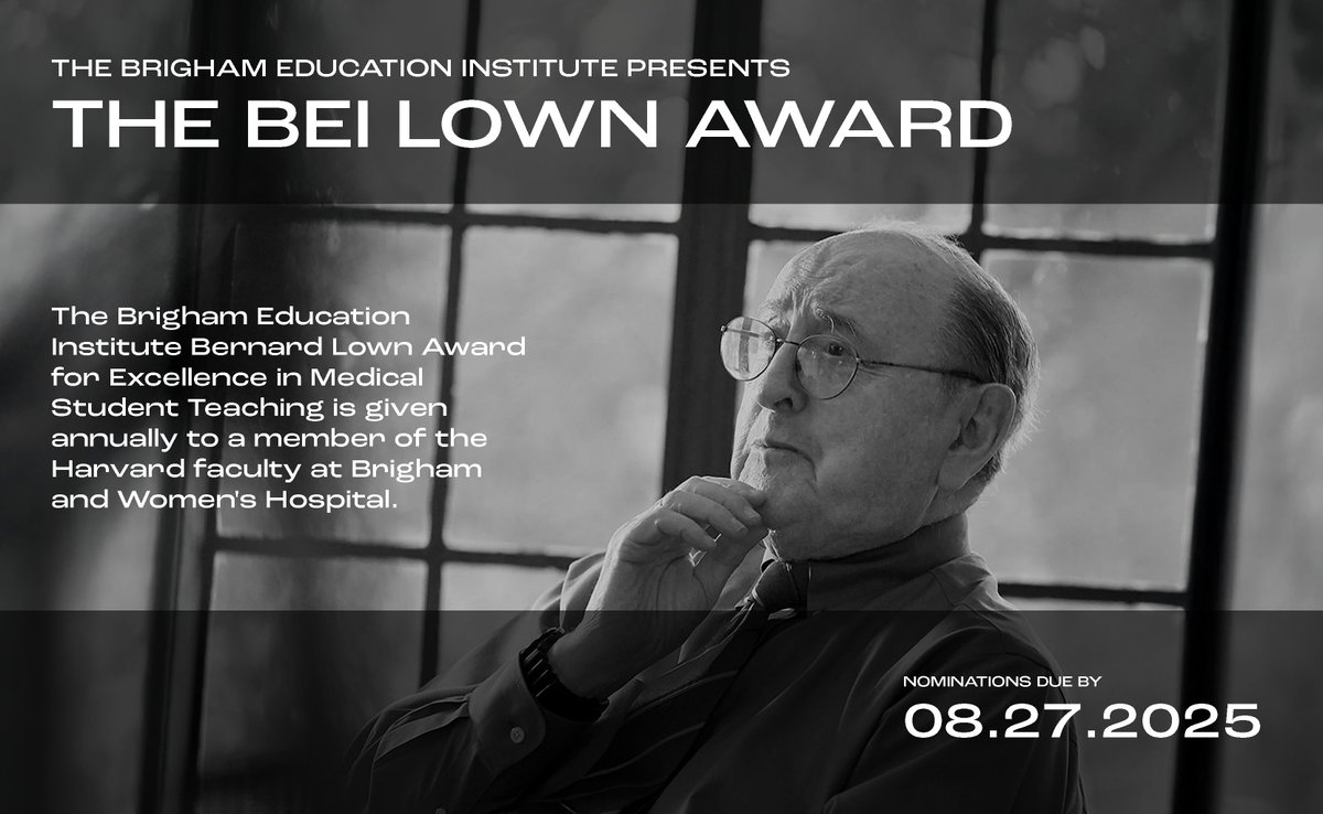Brigham Education Institute (@brighambei) on Twitter photo Call for nominations for the #BrighamBEI Lown Award for Excellence in Medical Student Teaching! Nominations due August 27th, 2025.
Submit nominations here: bit.ly/Lown2025
#MedEd
<a href="/BrighamWomens/">Brigham and Women's Hospital</a> Call for nominations for the #BrighamBEI Lown Award for Excellence in Medical Student Teaching! Nominations due August 27th, 2025.
Submit nominations here: bit.ly/Lown2025
#MedEd
<a href="/BrighamWomens/">Brigham and Women's Hospital</a>