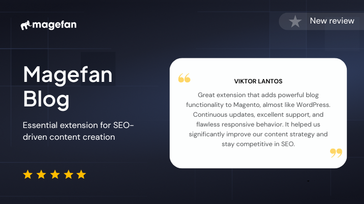 magento2fan's tweet image. ⭐Another 5-star shoutout for our #Magento Blog Extension

Boost your SEO. Power up your content.

👉See what all the buzz is about: magefan.com/magento2-blog-…

#magefan #magento2 #magentoextensions #blog #contentstrategy
