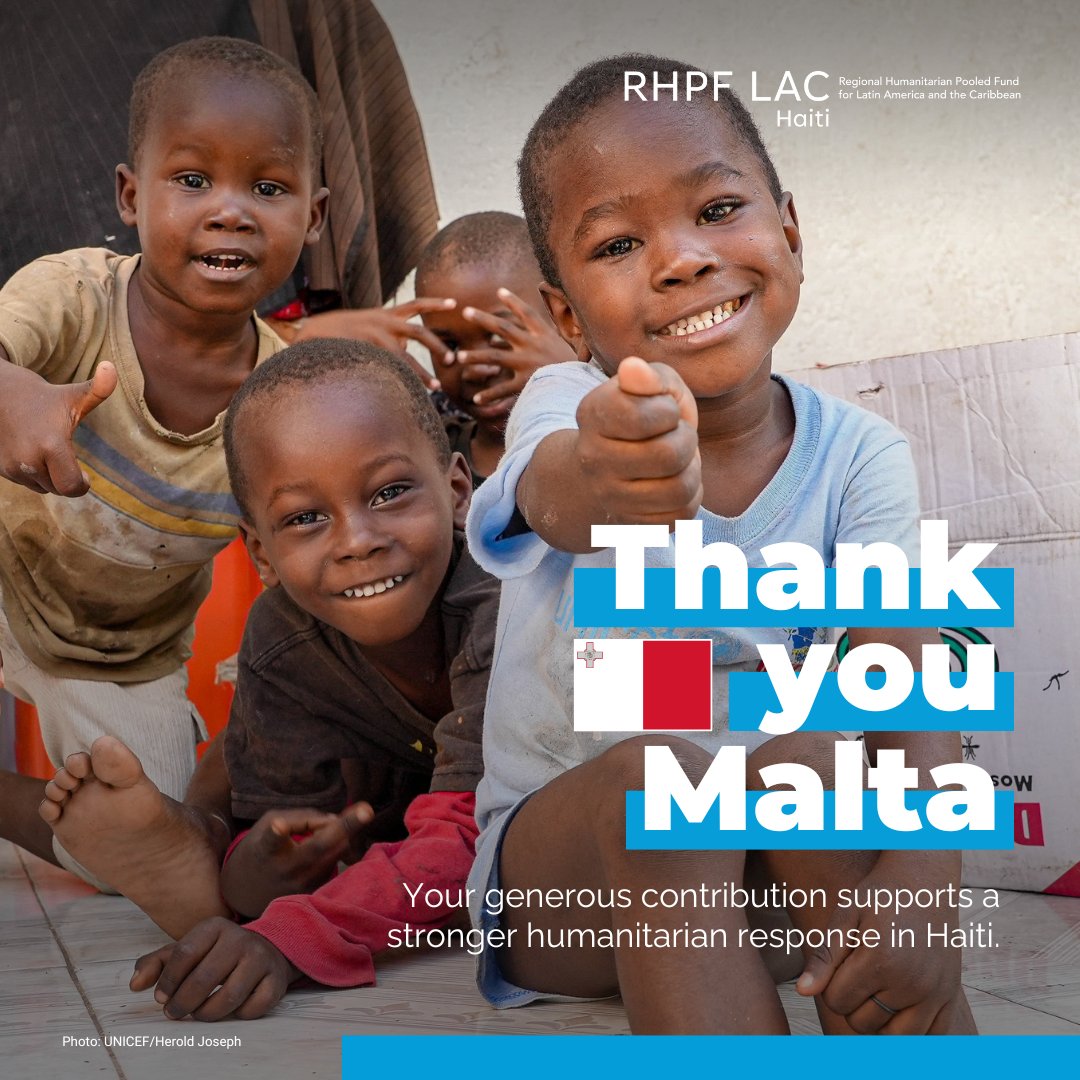 UNOCHA_Americas's tweet image. #OCHAthanks Malta for its generous contribution to the Regional Humanitarian Pooled Fund for Latin America and the Caribbean. This support will help local organizations respond to urgent humanitarian needs in Haiti.
Together, we #InvestInHumanity.