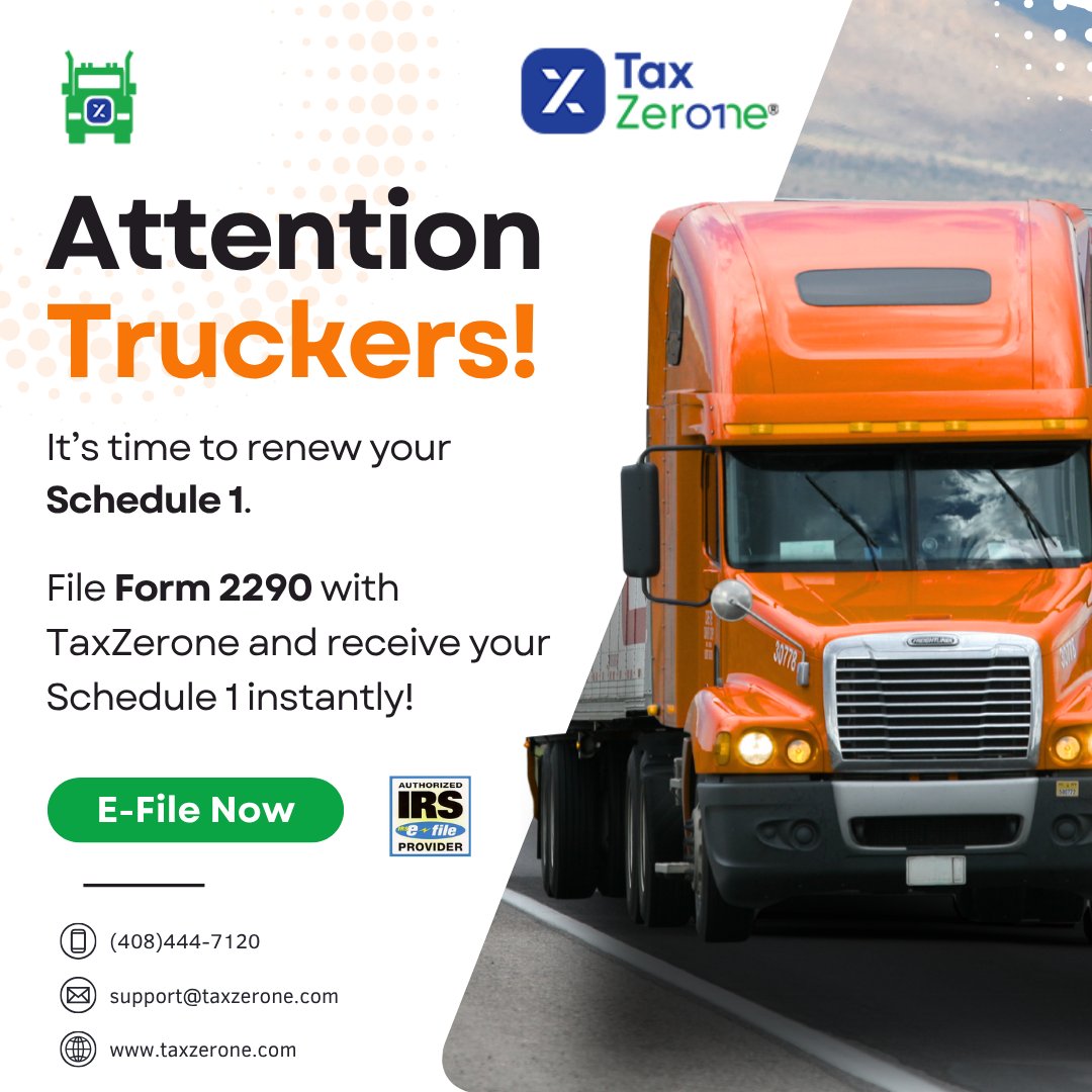 TaxZerone (@taxzeroneus) on Twitter photo 🚛Truckers, it’s renewal time!
👉Skip the wait! E-file Form 2290 with TaxZerone and get your Schedule 1 instantly.
✅Just fast and secure filing.
🌐 Visit form2290.taxzerone.com today!
📧 support@taxzerone.com
#tax #IRS #Form2290 #TruckTax #TaxZerone #IRS2290 #HVUT #Efile2290 🚛Truckers, it’s renewal time!
👉Skip the wait! E-file Form 2290 with TaxZerone and get your Schedule 1 instantly.
✅Just fast and secure filing.
🌐 Visit form2290.taxzerone.com today!
📧 support@taxzerone.com
#tax #IRS #Form2290 #TruckTax #TaxZerone #IRS2290 #HVUT #Efile2290