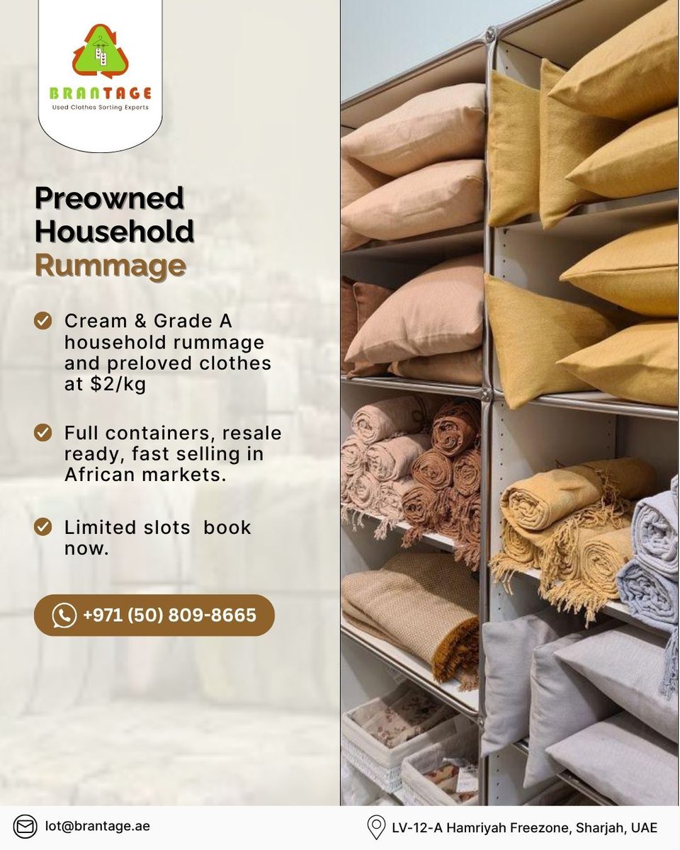 brantage97862's tweet image. 🛏️ 𝗣𝗿𝗲𝗼𝘄𝗻𝗲𝗱 𝗛𝗛𝗥 𝗳𝗼𝗿 𝗔𝗳𝗿𝗶𝗰𝗮
🧺 Towels, blankets, bedsheets &amp;amp; more
💲 $2/kg Cream &amp;amp; Grade A
🚢 Full containers, limited slots
📦 Premium resale stock

📲 +971 50 809 8665
🔗 brantage.ae
📧 info@brantage.ae

#UsedHHR #Brantage #ResaleReady