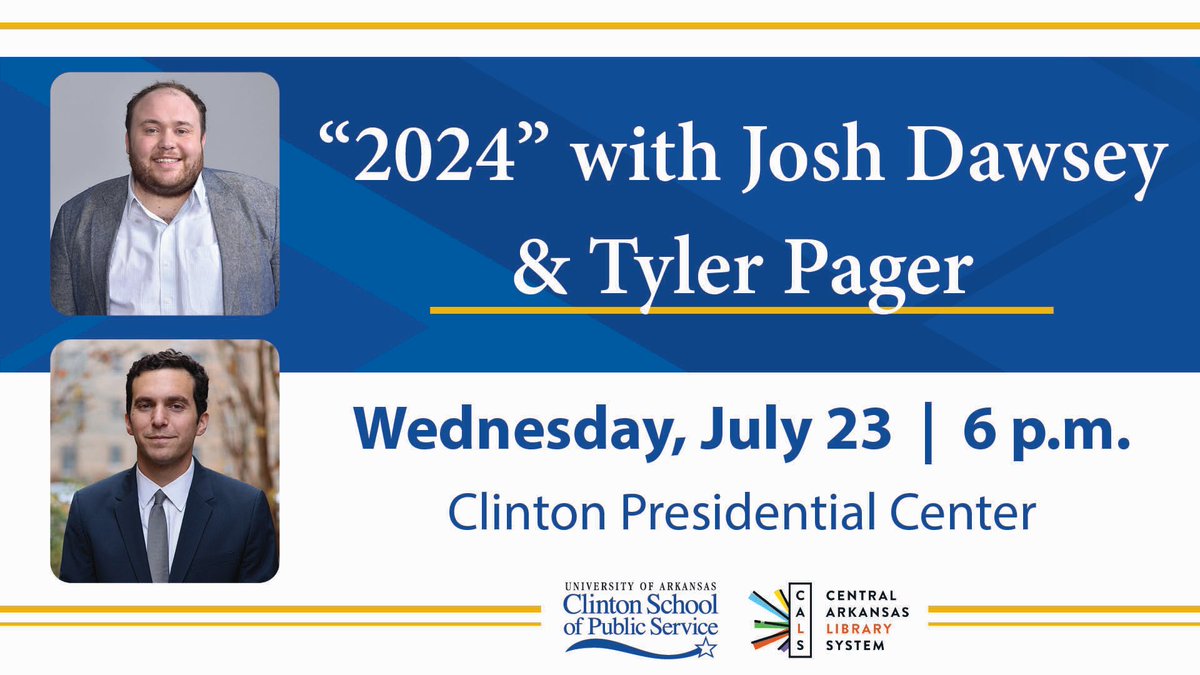 ClintonSchool's tweet image. Tonight: The Clinton School and @CALibrarySystem welcome @jdawsey1 and @tylerpager, the authors of "2024: How Trump Retook the White House and the Democrats Lost America." 📖🗓️
Moderated by Dean Emeritus James L. "Skip" Rutherford III (@JLRIII).
RSVP ➡️ bit.ly/4lnF4R9