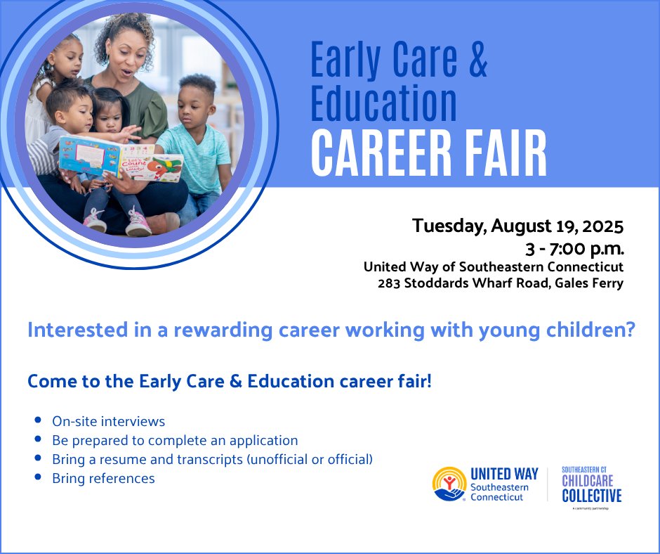 UnitedWaySECT's tweet image. We're hosting an Early Care & Education Career Fair for anyone looking to work with young children. This is part of United Way's work to close the gap between the lack of available childcare slots and the increasing demand for them. #UnitedistheWay #YouthOpportunity #earlycare