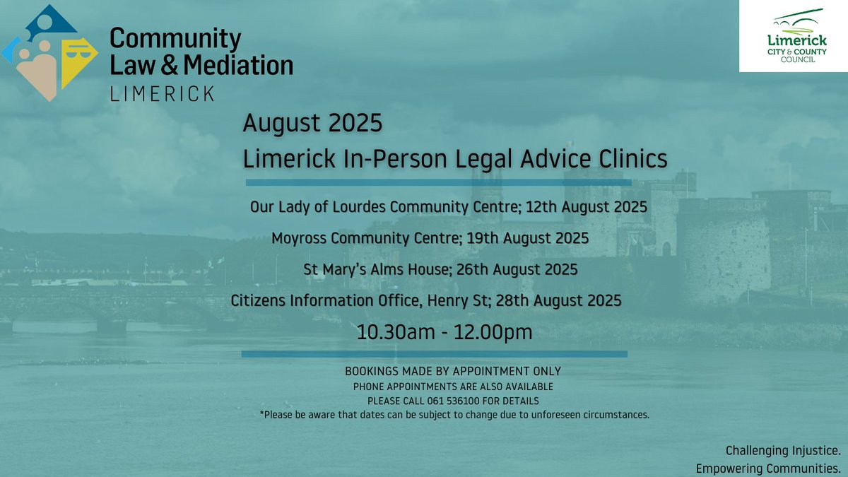 CLMirl's tweet image. Do you or someone you know need free legal advice in Limerick?

We can help with housing, employment, social welfare, family, and environmental queries.

Please be aware that dates and times can be subject to change due to unforeseen circumstances.

To find out more, call 061 536…