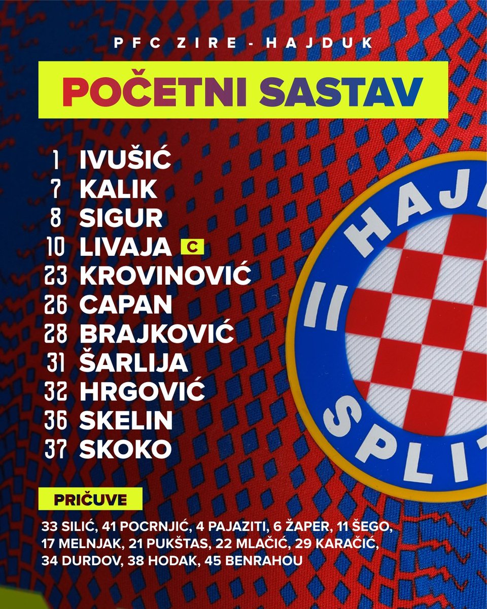 hajduk's tweet image. ⚽ Sezona 2025/26. kreće! 
👥️ Donosimo početni sastav #Bijelih za ogled protiv PFC Zire.❤️💙
📺 Prijenos uživo na #HDTV kanalu (411) na MAXtv-u.