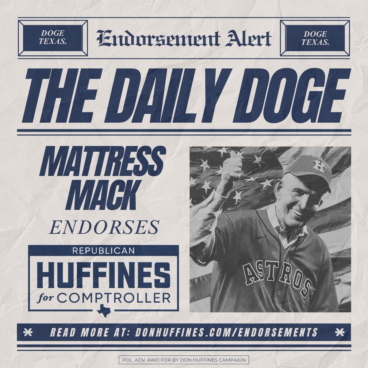 TeamHuffines's tweet image. Texas legend @MattressMack has officially endorsed @DonHuffines for Comptroller. He believes in limited government and fiscal responsibility — so does Don. It’s time to make Texas as transparent and accountable as possible.