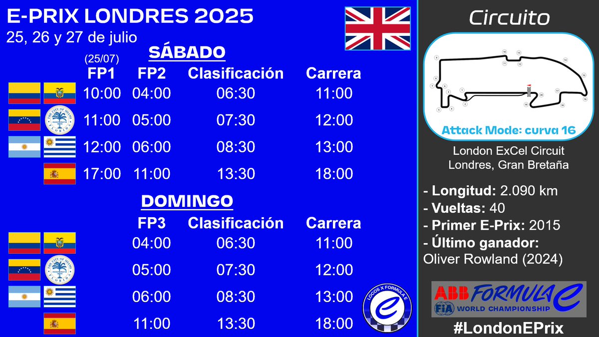 LocosXFE's tweet image. El campeonato de pilotos ya está definido pero se juega el título de equipos en la casa del campeón. Estos son los horarios del #LondonEPrix. #FormulaE