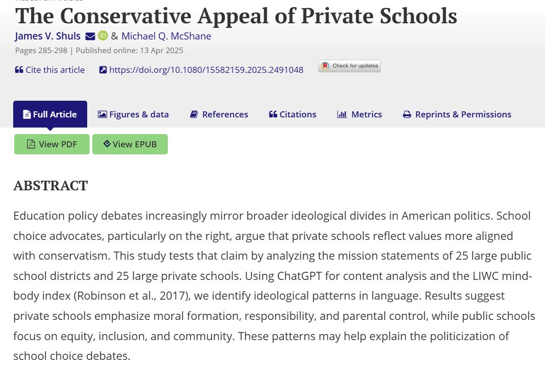 James V. Shuls (@shulsie) on Twitter photo My paper, The Conservative Appeal of Private Schools, with the inimitable <a href="/MQ_McShane/">Mike McShane</a> was recently published in the <a href="/josc_official/">Journal of School Choice</a>. Typically, the paper is behind a paywall. However, the link below will provide 50 free online copies. Check it out. ⬇️ My paper, The Conservative Appeal of Private Schools, with the inimitable <a href="/MQ_McShane/">Mike McShane</a> was recently published in the <a href="/josc_official/">Journal of School Choice</a>. Typically, the paper is behind a paywall. However, the link below will provide 50 free online copies. Check it out. ⬇️