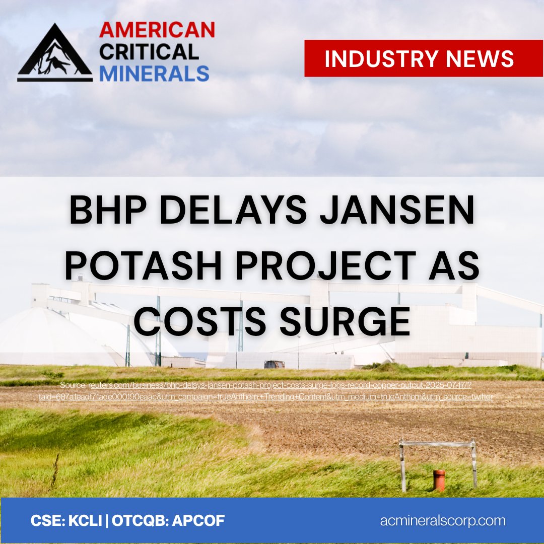 MineralsCorp's tweet image. Industry News 👇
BHP's Jansen potash mine in Saskatchewan faces a major setback: first production delayed to mid-2027.
🇨🇦 CSE: KCLI | 🇺🇸 OTCQB: APCOF | 🇩🇪 FRA: 2P3
#lithium #potash