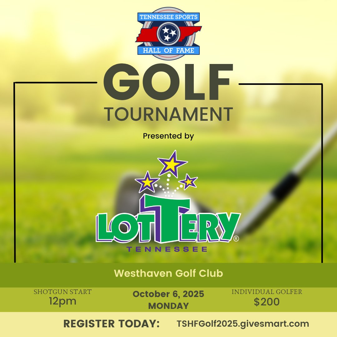 theTSHF's tweet image. YOU need to be there when we play golf this October!
The TNSHOF Annual Golf Tournament, presented by the @TNLottery is Monday, October 6 at Westhaven Golf Club.
SIGN UP HERE: TSHFGolf2025.givesmart.com