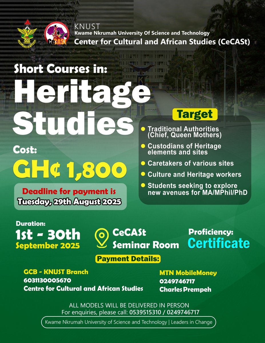 KNUSTGH's tweet image. Passion for Culture? Turn It Into Expertise.
Join the Short Course in Heritage Studies by CECAST–KNUST.
Explore Ghanaian heritage, museum practices & cultural conservation.
