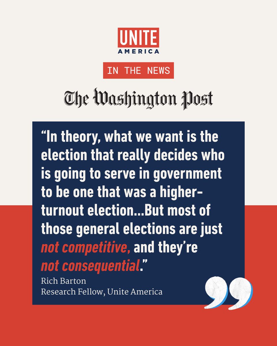 uniteamerica's tweet image. Today in @washingtonpost, @UniteAmerica’s Research Fellow and Professor at @SyracuseU, Rich Barton, discusses the #PrimaryProblem and the benefits of open, all-candidate primaries with @matthewichoi and @Merica.
Odds are, you do not live in a competitive House district.
The…