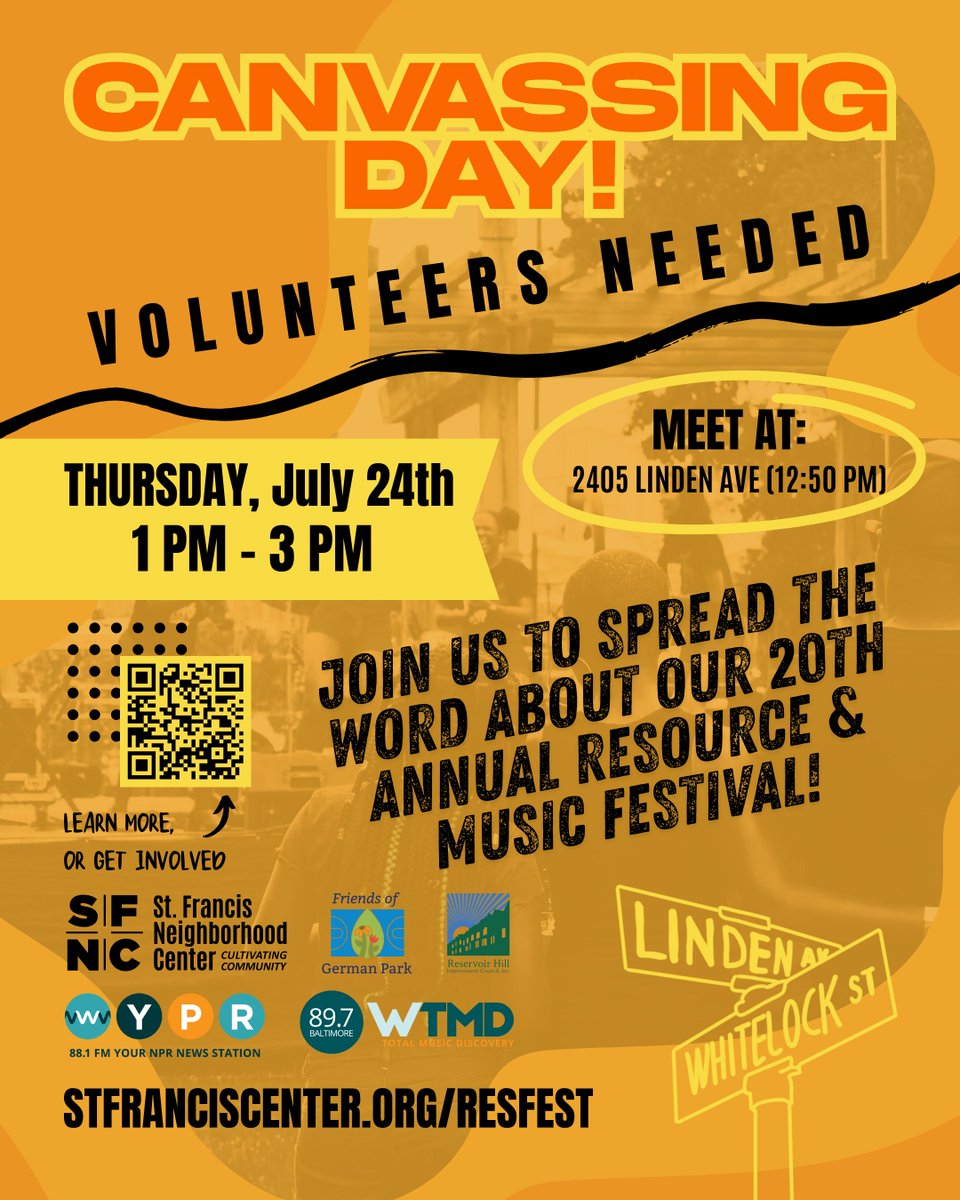 Join us tomorrow, July 24th. from 1-3 PM as we spread the word about our incredible 20th Annual Resource &amp; Music Festival!

What to bring: Comfortable walking shoes and a water bottle 
Meet at: 2405 Linden Ave at 12:50 PM

Learn more about ResFest at stfranciscenter.org/resfest