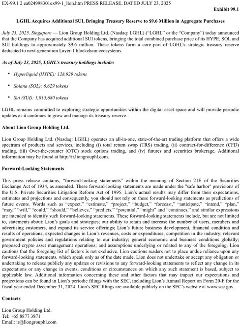 Lion Group Holding Ltd.发布收购100万枚SUI代币的新闻稿